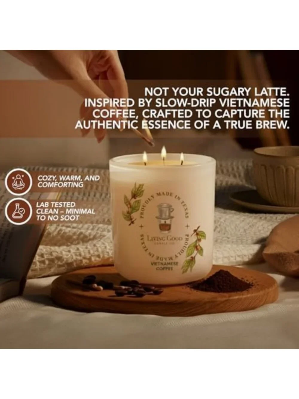 Rich Coffee Beeswax Candle - Roasted Bean & Sweet Vanilla, Long-Lasting 90+ Hr